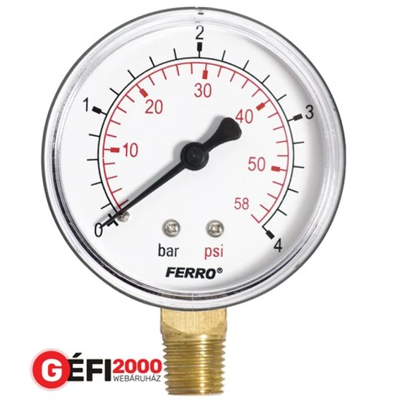 FERRO nyomásmérő 63 mm alsó csatl. (1/4) 0-4 bar álló