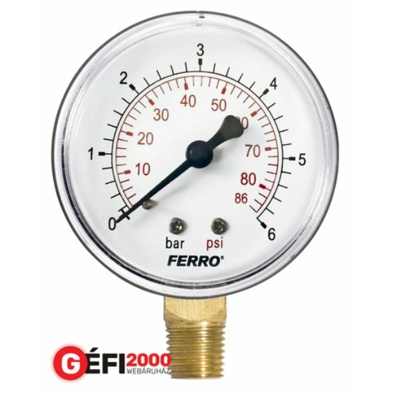 FERRO nyomásmérő 63 mm alsó csatl. (1/4) 0-6bar  álló