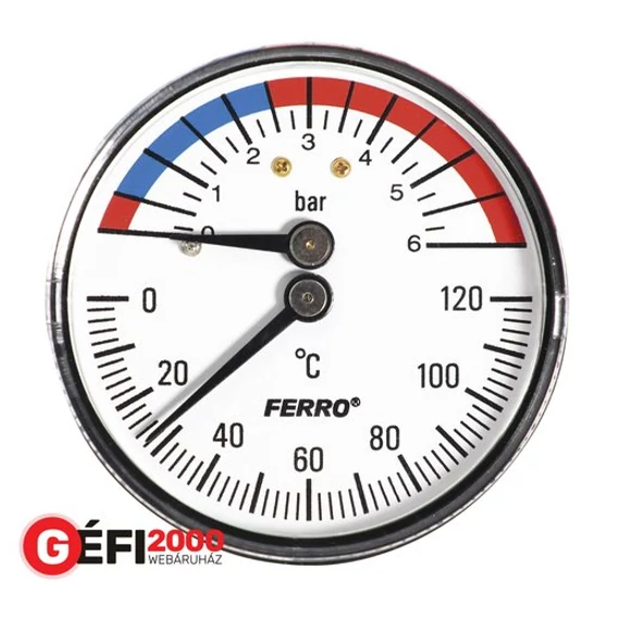 Ferro termomanométer hátsós 0-120 C, 6 bar, 1/2"