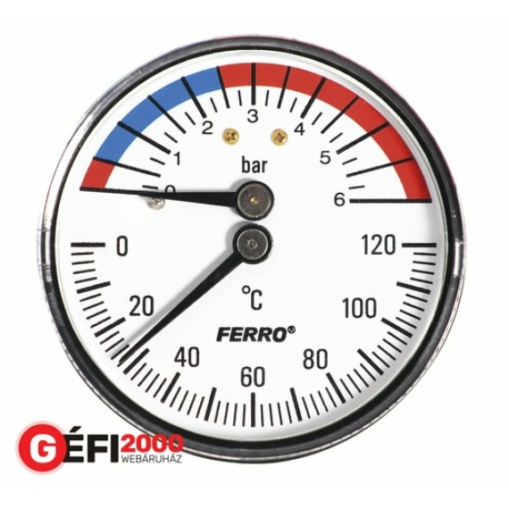 Ferro termomanométer hátsós 0-120 C, 6 bar, 1/2"