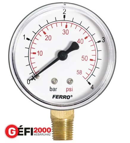 FERRO nyomásmérő 63 mm alsó csatl. (1/4) 0-4 bar álló