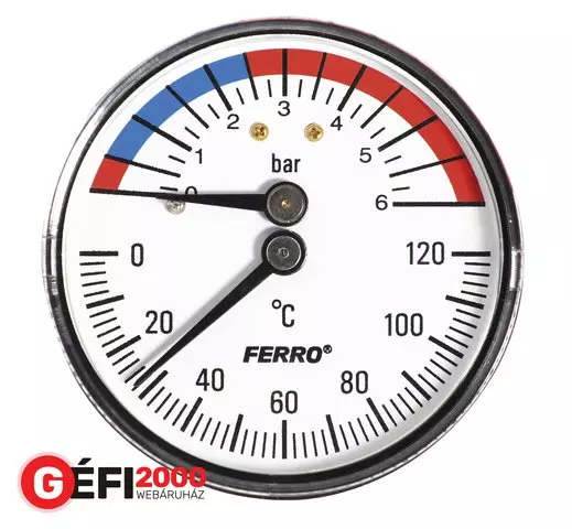 Ferro termomanométer hátsós 0-120 C, 6 bar, 1/2